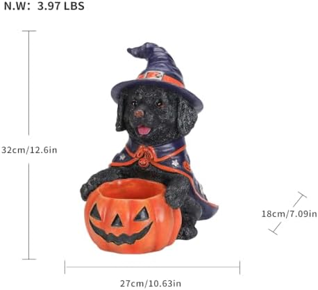 Halloween Black Labrador Witch Puppy Figurine, with Pumpkin Candy Bowl