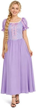 Rapunzel Costume Women Printed Purple Princess Dress Puff Sleeves Twirl Skirt Gown Halloween Cosplay Party Dress