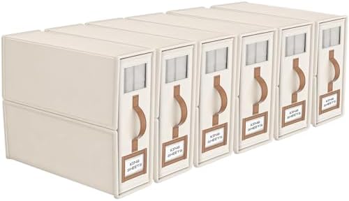 6 Pack Bed Sheets Organizers And Storage,Sheets Set Folder Keeper with Handle,Foldable Bedding Storage Box For Linen Closet,Duvet Cover(King Size-3.7 Gal,Beige)