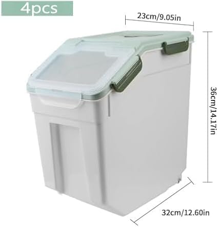4 Pack Grain Food Storage Container, 20LB Airtight Rice Bin Storage Bucket with Spoon and Measuring Cup, Large Flour Dispenser Container Set 80LB Total Capacity, Green