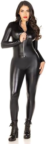 Leg Avenue Women's Wet Look Zipper Front Catsuit Sexy Halloween Costume