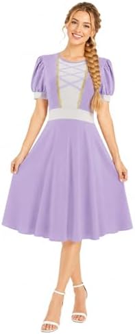Rapunzel Costume Women Printed Purple Princess Dress Puff Sleeves Twirl Skirt Gown Halloween Cosplay Party Dress