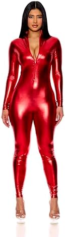 Forplay Women's Hot Metallic Zip Front Mock Neck Catsuit Bodysuit - Halloween Adult Costume US