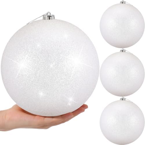 Zubebe 8 Inch 4 Pack Glitter White Christmas Ball Ornaments, Plastic Hanging Ornaments for Tree Decorations, Large Hanging Holiday Baubles for Christmas Tree Winter Party Wedding Home Decor