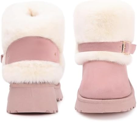 Furry Winter Boots for Women Block Heels Platform Buckle Slip On