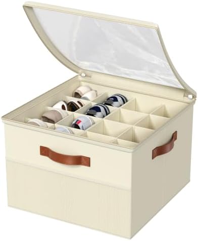 Shoe Organizer for Closet,2 Pack Foldable Shoe Storage Organizer Box Bin with Adjustable Dividers and Clear Cover, Fits up to 16-32 Pairs（Beige）