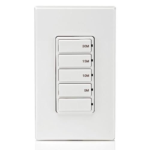 Leviton Countdown Switch for bathroom household lights, 5-10-15-30 min, Neutral Wire Required, 20A, 1HP/16A Fan/Motor, Single Pole, Multi-Way or Multi-Timer, DT230-1LW, White
