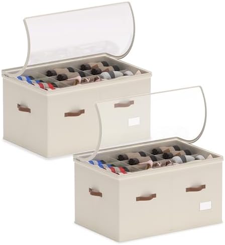 Vincona Shoe Organizer for Closet, 2 Pack Foldable Shoe Storage Bins with Clear Cover & Handles, 16-Compartment Shoe Box for Sneakers, Heels, Boots, Space-Saving Shoe Rack for Entryway, Dorm, RV