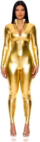 Forplay Women's Hot Metallic Zip Front Mock Neck Catsuit Bodysuit - Halloween Adult Costume US