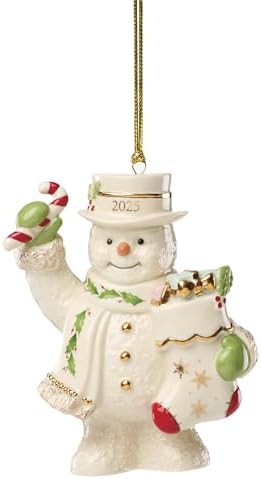 Lenox Ornament, 2025 Snowman with Stocking Christmas Ornament, Made from Porcelain Featuring Gold Accents and Hanging Cord, Snowman with Stocking Design, Christmas Tree Decorations (White, 1 Piece)