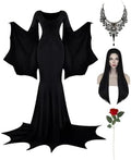Aileam Halloween Morticia Addams Costumes Vintage Gothic Black Long Dress Outfit Women Wig Red Roses Flowers Necklace