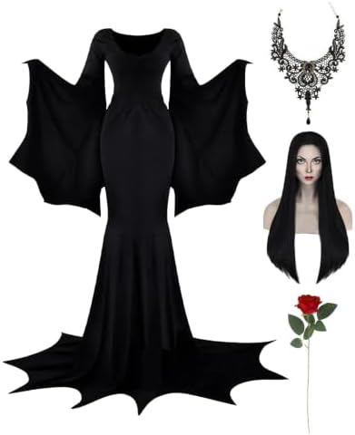 Aileam Halloween Morticia Addams Costumes Vintage Gothic Black Long Dress Outfit Women Wig Red Roses Flowers Necklace