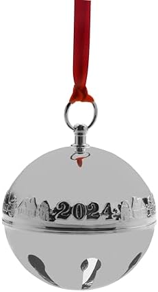 Wallace 2024 Annual Silver-Plated Sleigh Bell Ornament 54th Edition - Snowmen and Log Cabins Design - Handcrafted Collectible with Gift Box, Ribbon, and Velvet Pouch