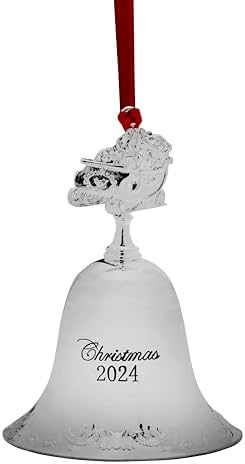 Wallace Grande Baroque Silver Plated Christmas Bell Ornament 2024-30th Anniversary Edition with Santa Sleigh Finial, Collectible Holiday Tree and Mantel Decor