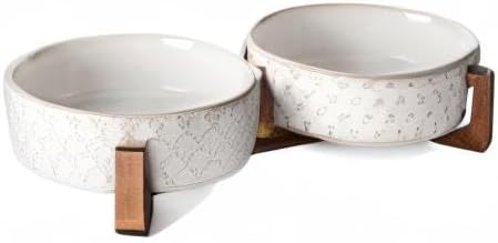 LE TAUCI Dog Bowl Set with Acacia Wood Stand - 1.5-Cup Ceramic Puppy Bowls for Small Dogs, Dual Food and Water Bowls with Weighted Non-Slip Base