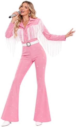 Women's Queen of Country Singer Costume Halloween Pink Fringe Bodysuit