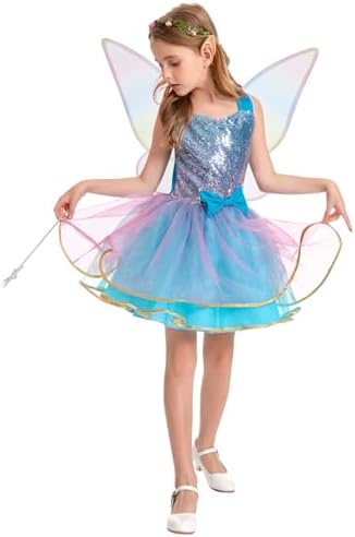 JoyRapt Fairy Costume Dress for Girls 3-10, Fairy Princess Pink Tutu Outfits Butterfly Wings Wand Headband Halloween Gifts