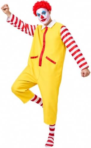 Halloween Clown Costume Set - Yellow Jumpsuit, Red Wig, Yellow Gloves, Clown Nose, Striped Socks for Adults