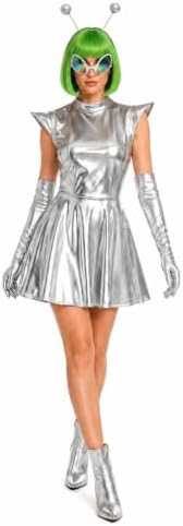 Silver Metallic Dress Holographic with Gloves Alien Headband with Glasses for Party Cosplay