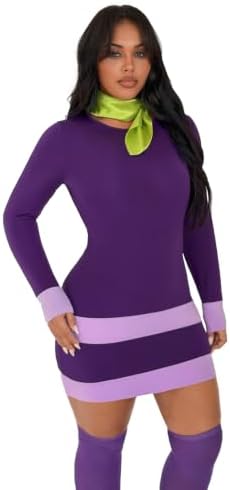 Halloween 3Pcs Womens Plus Size Costume Purple Long Sleeve Mini Dress Classic Cosplay Outfits,Stockings,Green Scarf