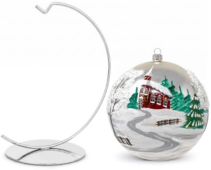 Hand Blown Glass Christmas Ornaments Ball, Chapel Silver 8 in + Stand