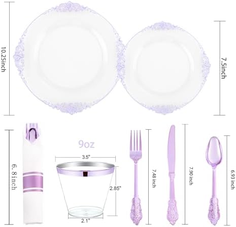Hioasis 175 Pcs Clear Purple Plates for Party