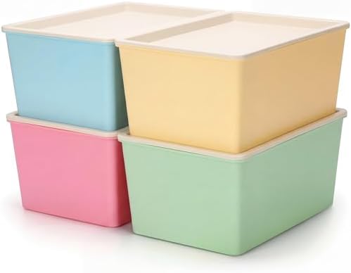 Menkxi 4 Pcs Storage Bins with Lids, Red, Green, Yellow, Blue, Small