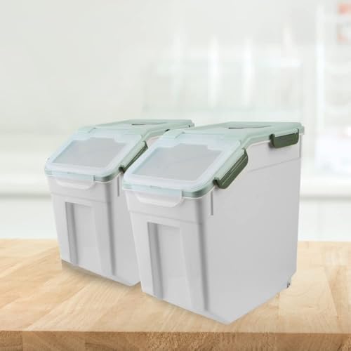4 Pack Grain Food Storage Container, 20LB Airtight Rice Bin Storage Bucket with Spoon and Measuring Cup, Large Flour Dispenser Container Set 80LB Total Capacity, Green
