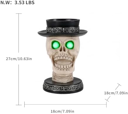 Halloween Candle Holder with Glowing Green Eyes - Gothic Skeleton Statue