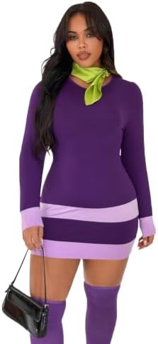 Halloween 3Pcs Womens Plus Size Costume Purple Long Sleeve Mini Dress Classic Cosplay Outfits,Stockings,Green Scarf