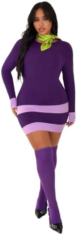 Halloween 3Pcs Womens Plus Size Costume Purple Long Sleeve Mini Dress Classic Cosplay Outfits,Stockings,Green Scarf