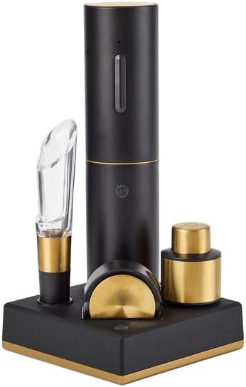 Rabbit 5-Piece Electric Wine Set with Automatic Corkscrew, Aerator, Foil Cutter, Vacuum Preserver, Charging Base, Black and Gold