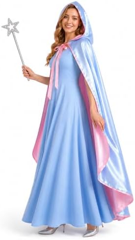 3PCS Fairy Godmother Costume Women Halloween Blue Hooded Cape Outfit