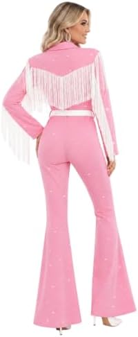Women's Queen of Country Singer Costume Halloween Pink Fringe Bodysuit