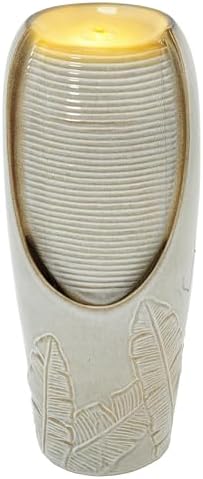 Autodaya 32"H Jar Ceramic Outdoor Water Fountain, Sand Beige Foilage Design