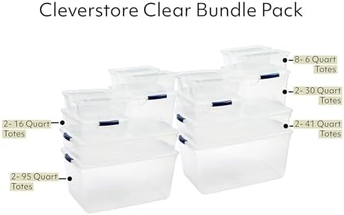 Rubbermaid Cleverstore Clear Dorm Variety 16-Pack, Made in USA, Stackable Large Clear Storage Bins with Lids, See-Through Plastic Storage, with Latching Lids, BPA-Free