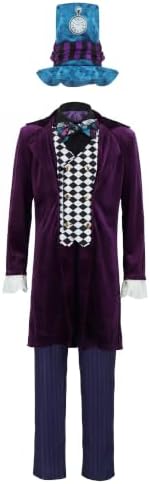 The Hatter Costume Men Mad Tea Party Master Outfits Adult Story Book Character Tuxedo Pants Dicky Collar Top Hat Set