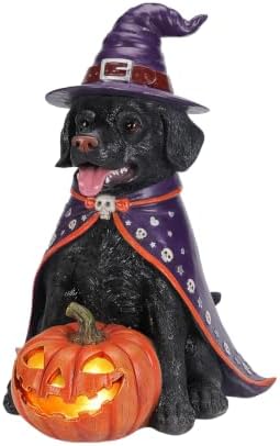 Black Lab Dog Statue Halloween Decorations Outdoor with LED Pumpkin