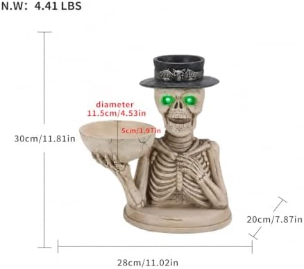 Halloween Skeleton Figurine with LED Glowing Eyes & Candy Bowl