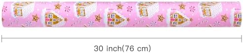 WRAPAHOLIC 30 Inch Jumbo Reversible Gingerbread Christmas Wrapping Paper - 30 Inch x 100 Feet Jumbo Roll Pink Gingerbread House and Snowflake with Embossed for Christmas, Holiday, Party Celebration