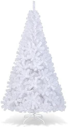 Happygrill 7 Feet White Christmas Tree Artificial Xmas Tree with Solid Metal Stand White Christmas Pine Tree for Indoor Outdoor Decoration