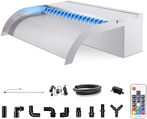 LONGRUN Pool Fountain Stainless Steel Outdoor Pond Spillway Waterfall with Wider Water Flow Platform Multi-Color LED Light Spray Indoor Waterfall Fountains for Garden-11.8"