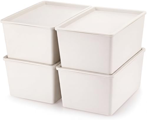 Menkxi 4 Pcs Storage Bins with Lids, Beige, Large