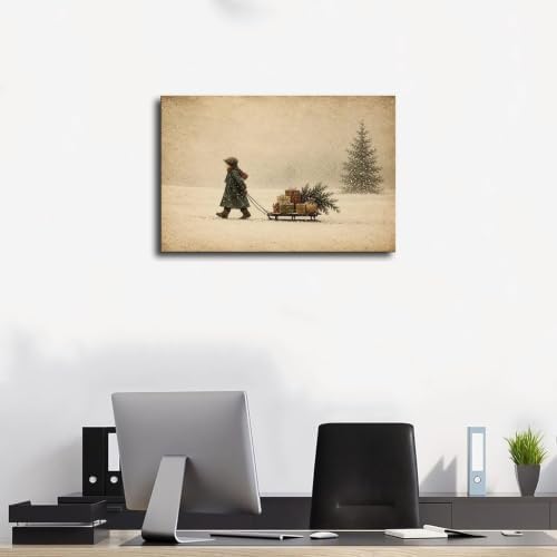Vintage Child Sled Wrapped Boxes Evergreen Snow Christmas Canvas Wall Art