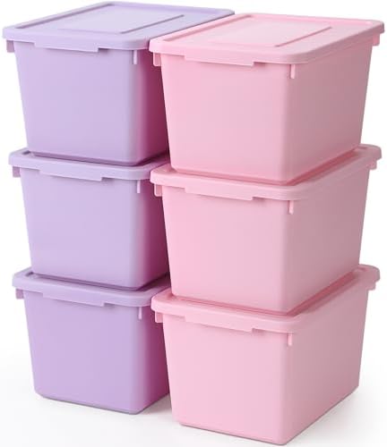 Potchen 6 Pack Small Stackable Storage Bins with Lids, Pink, Purple