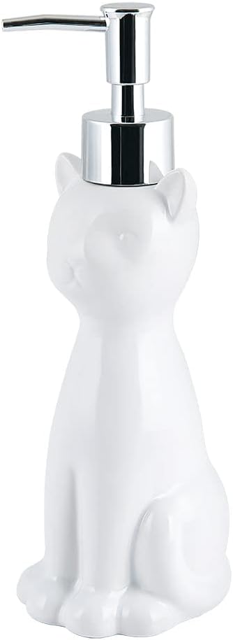 Allure Home Creation Cat 3-Piece White Ceramic Toilet Brush Holder w/White Plastic Handled Scrub Brush & Soap Dispenser