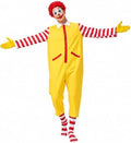Halloween Clown Costume Set - Yellow Jumpsuit, Red Wig, Yellow Gloves, Clown Nose, Striped Socks for Adults