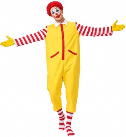 Halloween Clown Costume Set - Yellow Jumpsuit, Red Wig, Yellow Gloves, Clown Nose, Striped Socks for Adults