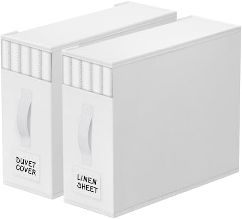 StorageTastic 2 Pack Bed Sheet Closet Organizers and Storage,Sturdy Foldable Storage Containers with Window and Label,Storage and Organization for Bedding Sheets,Duvet Covers,Blankets (White)