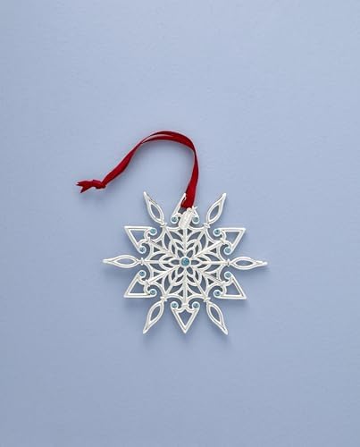 Lenox Ornament, 2025 Snow Majesty Silverplate Ornament, Stainless Steel Christmas Tree Decoration, Snowflake Design, Blue Jeweled Accents, Red Ribbon for Hanging, Christmas Decoration(Silver, 1 Piece)